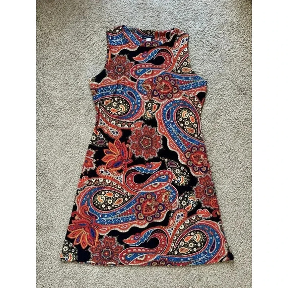 TOMMY HILFIGER Colorful Red Black Paisley Print Slinky Shift Dress Sz 10 Fairy - Picture 2 of 8